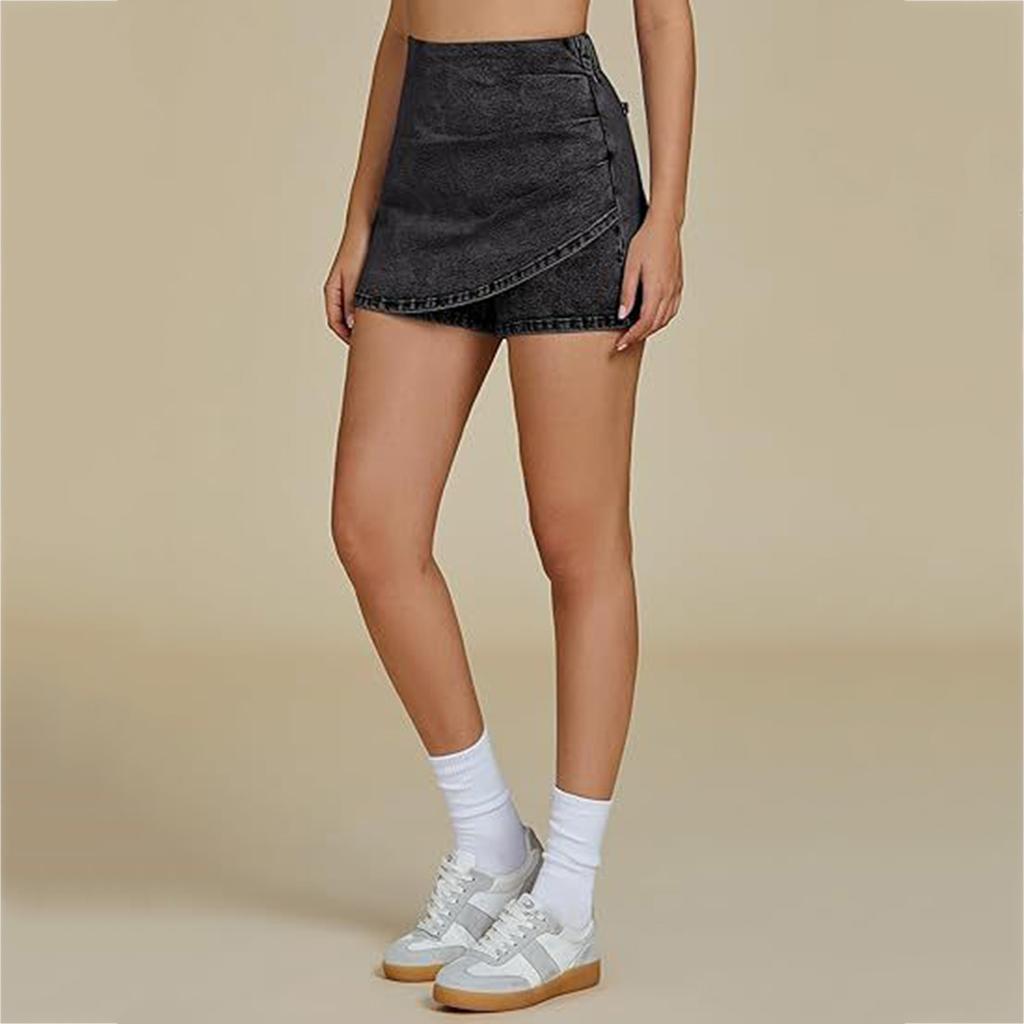 High Waist Denim Skort for Women Casual Asymmetric Wrap Front Design Comfortable Stretchy Fabric Shorts Skirt