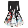 Christmas Women Off Shoulder Print Vintage Evening Party Dress Flare Dress