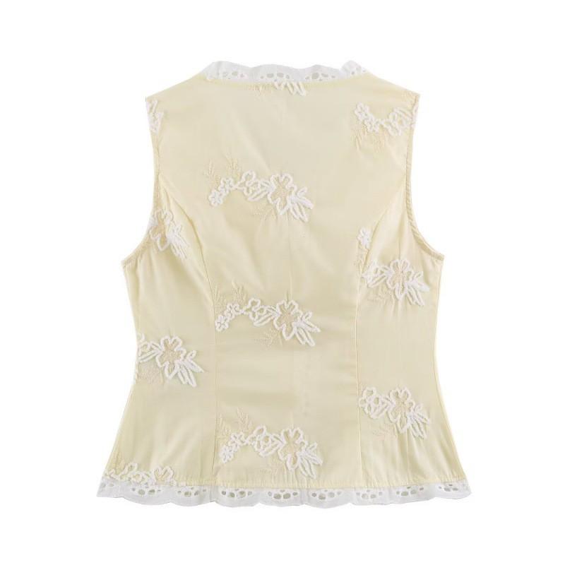 Womens V-Neck Embroidered Floral Crochet Trim Sleeveless Top - Sweet Chic Blouse