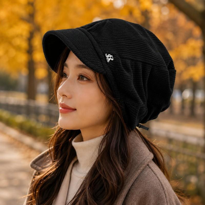 Womens Warm Knit Beanie Hat With Letter Print Foldable Winter Headwear Cold Weather Ear Protection Slimming Face Effect