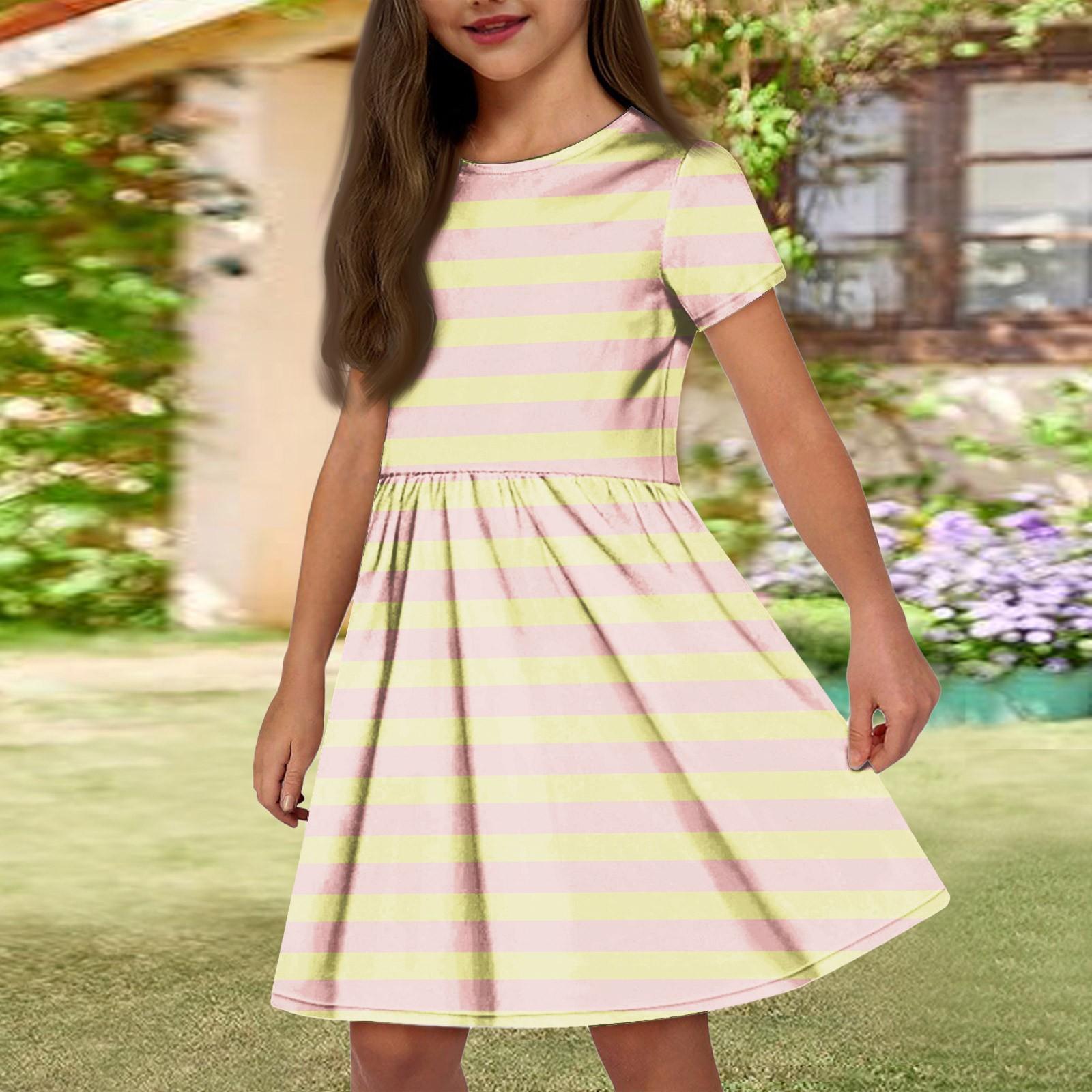 

Летнее платье для девочек, однотонное платье без рукавов с принтом и карманом, повседневное платье, вечернее платье с короткими рукавами 120 бежевый