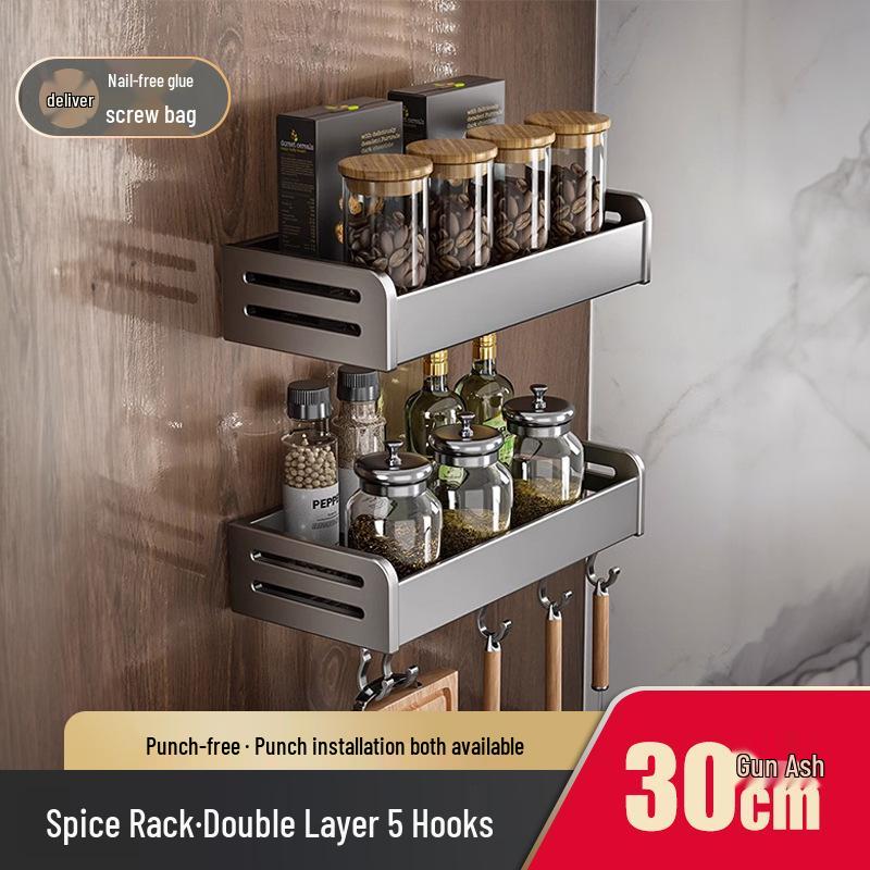 Gunmetal Wall-Mounted Kitchen Rack: No-Drill Seasoning, Knife Holder & Multifunctional Storage