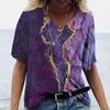Summer V-neck 3D Marble Pattern Printed Top Fashionable Casual Short Sleeved Women's T-shirts