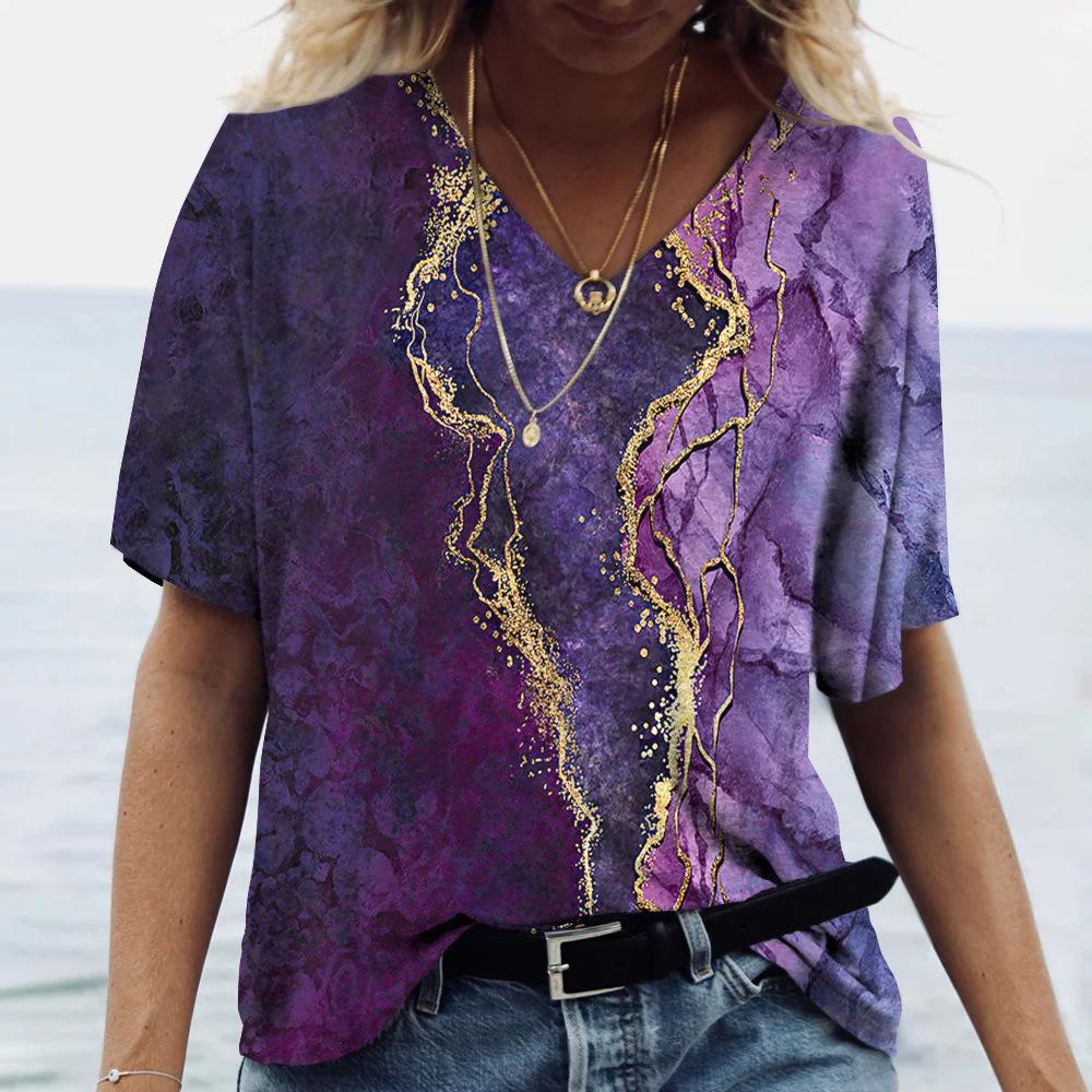 Summer V-neck 3D Marble Pattern Printed Top Fashionable Casual Short Sleeved Women's T-shirts