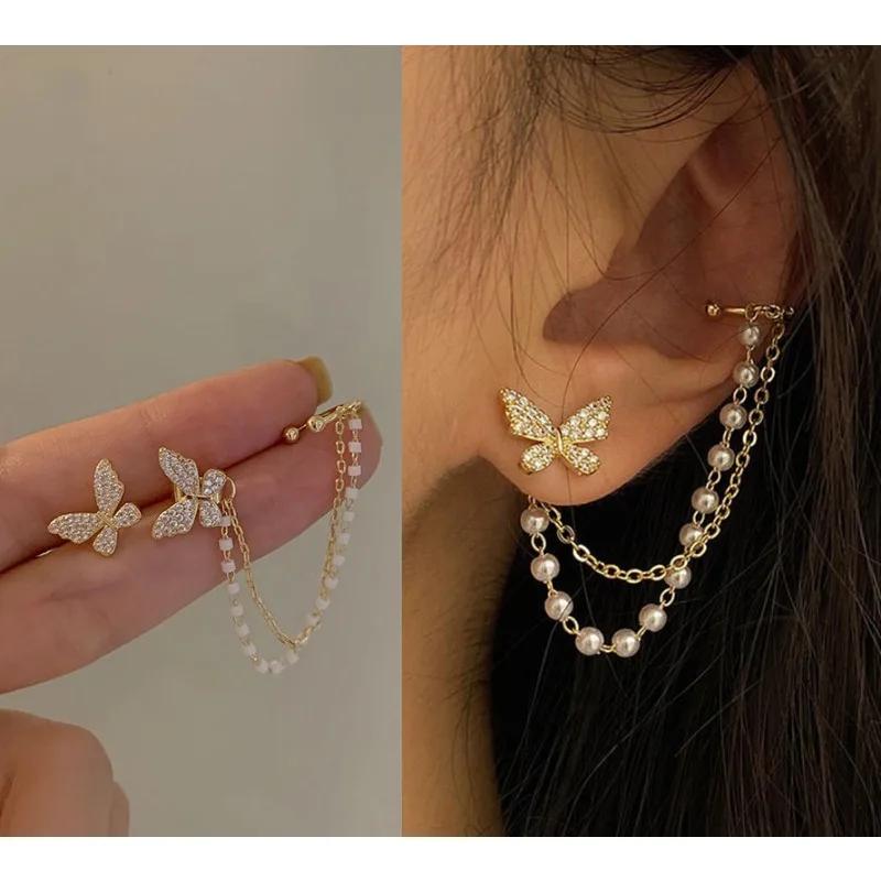 French Vintage Zircon Butterfly Pearl Chain Tassel Earbone Clip Women's Elegant and Versatile Creative Crowd Jewelry Earrings