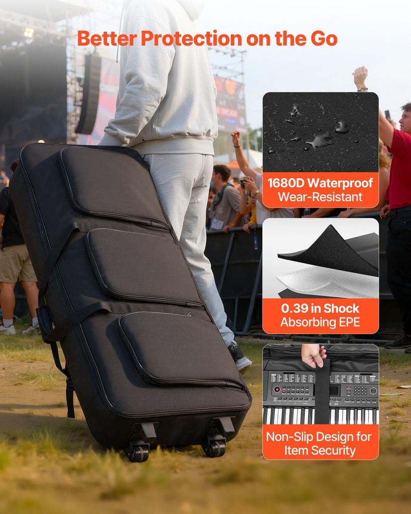 88 Key Keyboard Case, 1040 x 430 x 130 mm Interior, Padded Rolling Piano Case with Wheels, Sturdy Handle, 3-Pocket Storage, Gig Bag with Smooth