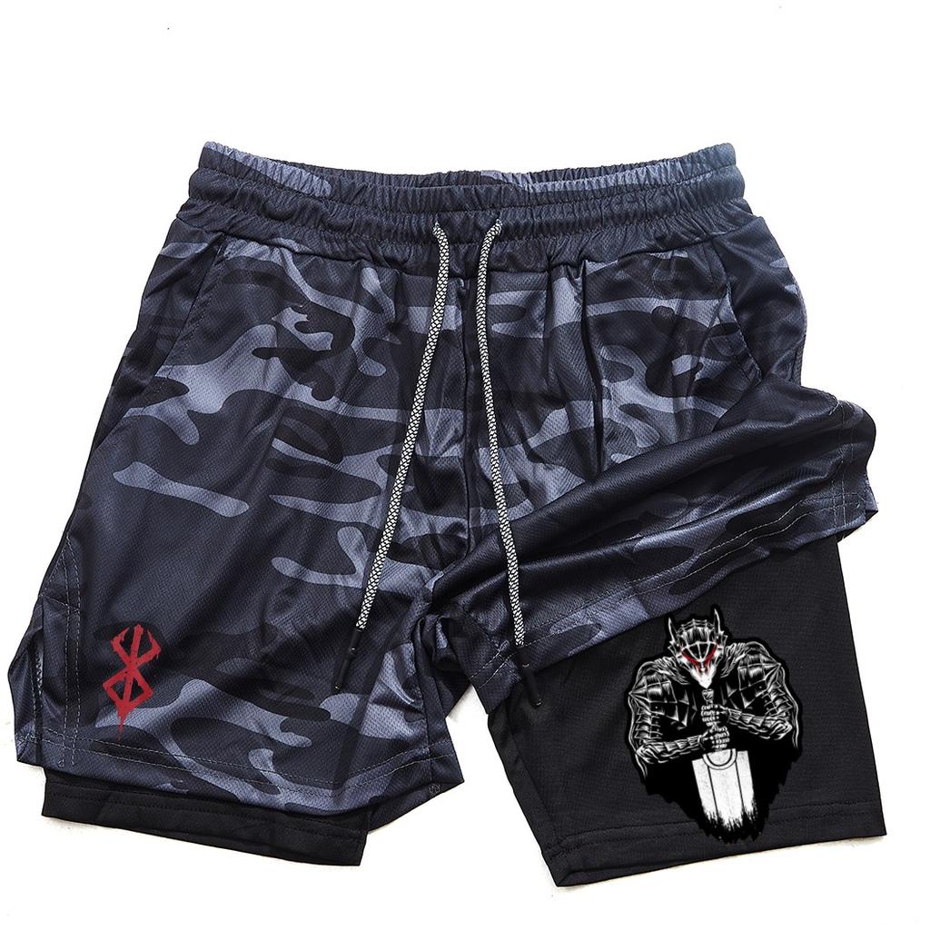 Pantalones cortos de gimnasio para hombre, ropa deportiva 2 en 1 de Anime para correr, trotar, entrenamiento, Yoga, baloncesto