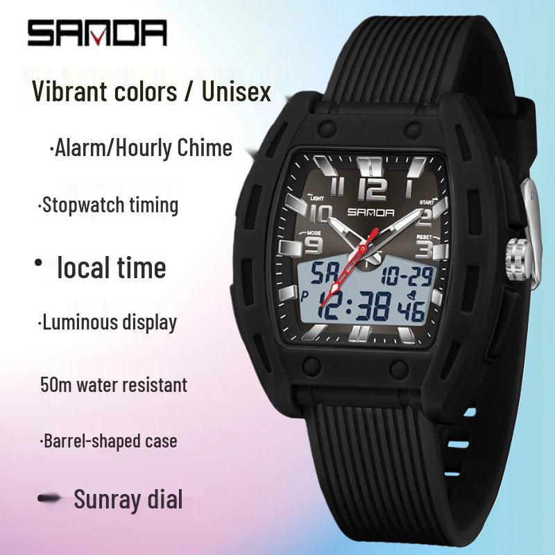 SANDA Men's Waterproof Luminous Sports Watch - Countdown & Multifunctional Barrel-Shaped Electronic Watch with Large Dial