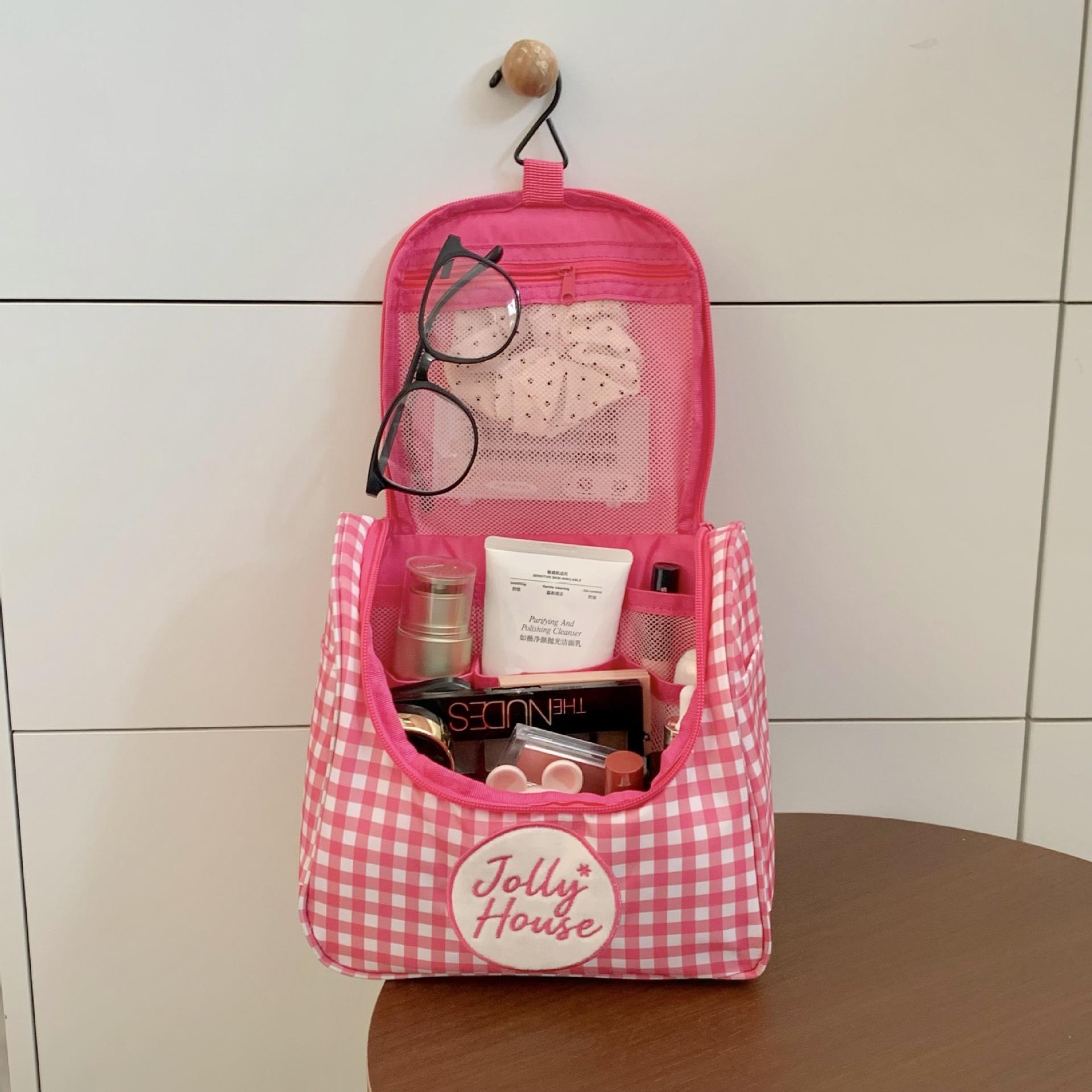 

Pink Plaid Handheld Makeup Bag Zipper Capacity Cosmetic Organizer with Compartments Travel Hanging Toiletry Bag Case красный