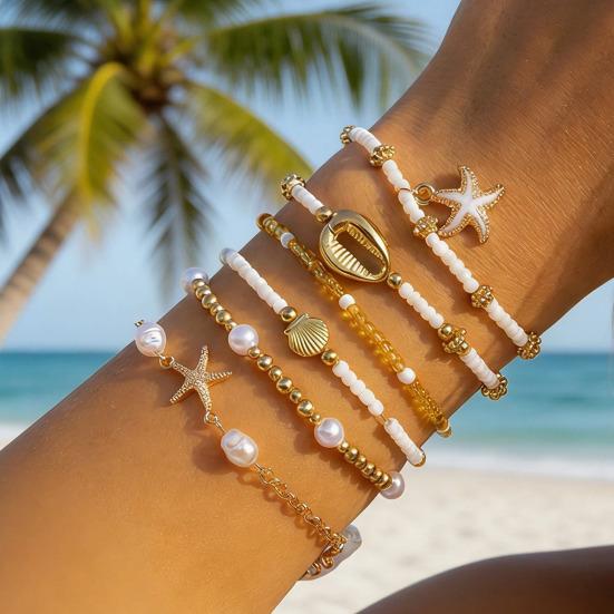 6Pcs Women Bracelet Natural Imitation Pearls Rice Beads Starfish Shell Conch Design Holiday Beach Style Bracelet
