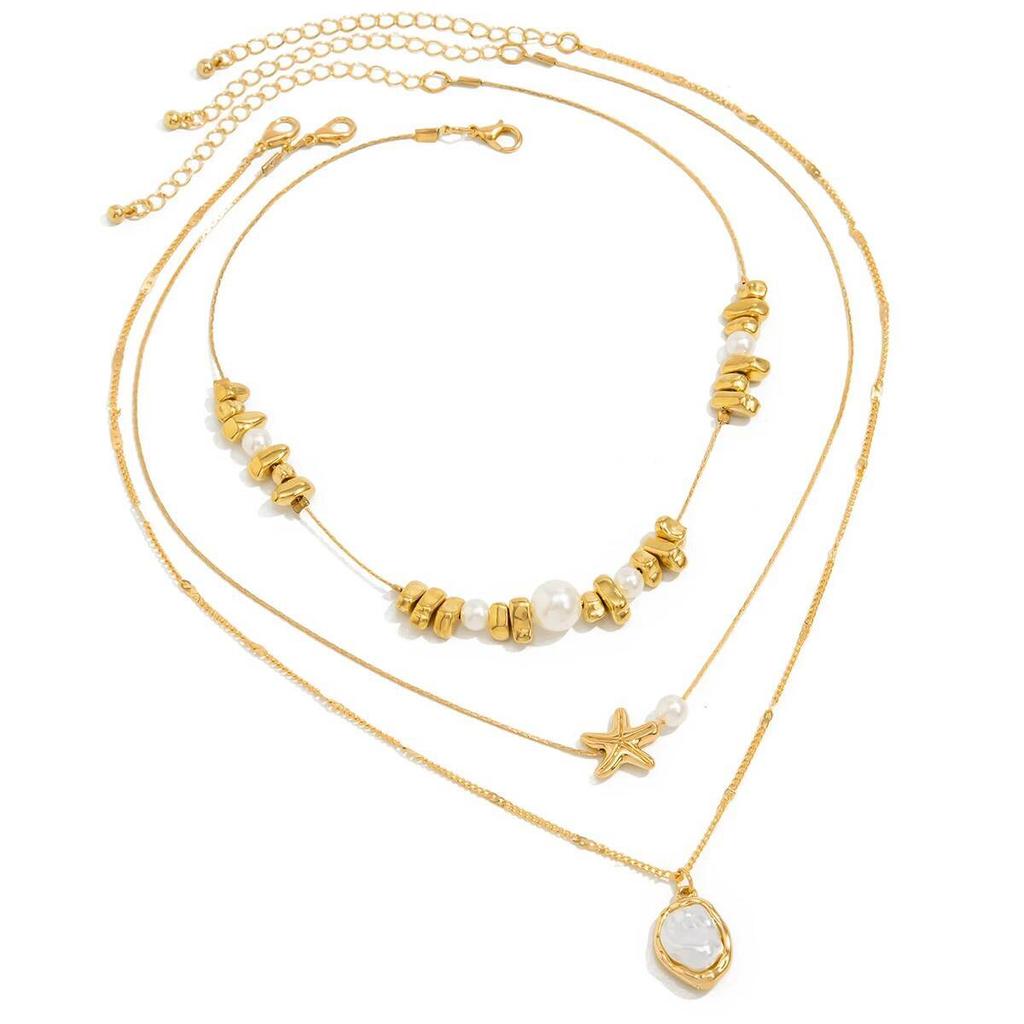 Salircon 3Pcs/Set Exquisite Irregular Imitation Pearl Starfish Pendant Necklace Women Trendy Clavicle Chain Summer Beach Jewelry