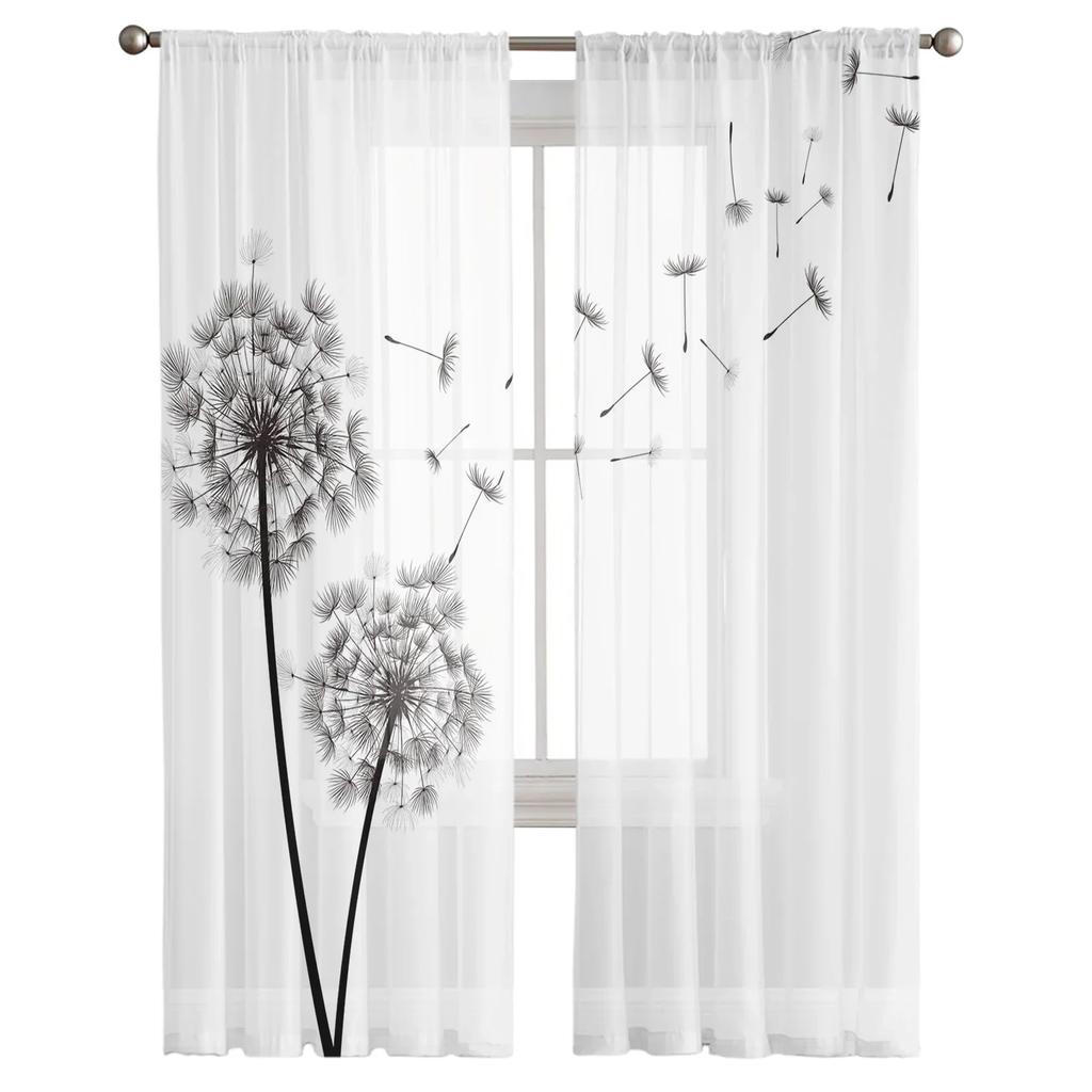 Black And White Dandelion Plant Tulle Sheer Curtains for Living Room Decoration Window Curtain for Bedroom Voile Organza Drapes