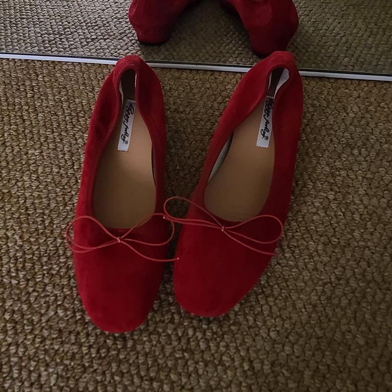 Ballet bow light mouth red single shoes women's new retro Doudou shoes flat women's retro suede grandma shoes