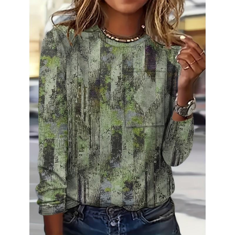 

Женская футболка 3D цвет ретро текстура принт мода длинный рукав круглый вырез обычный топ праздник выходной весна и осень XL