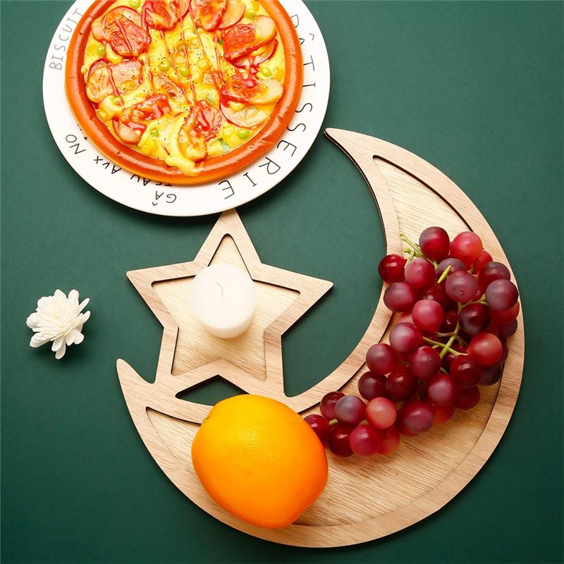 

2 Sets Ramadan Wood Tray Moon Wooden Star Tableware Eid Mubarak Party Serving Tableware For Breakfast-B61B