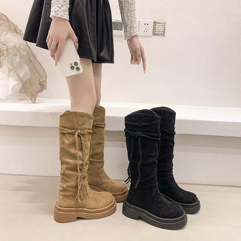 New Style Popular Women's Luxury Knight Boots Fall Winter Women's Brown Tassel Mid-Leg Women's Boots Zapatos Mujer