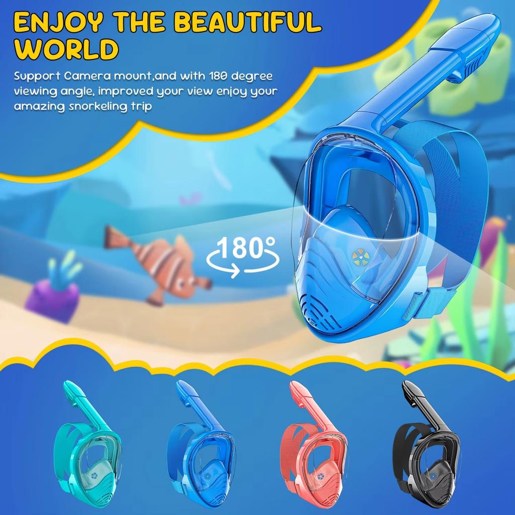 Kids Snorkel Mask Anti-Fog Leak-Proof Soft Silicone Design Easy To Wear Diving Mask Underwater Scuba Full Face 360° Panoramic
