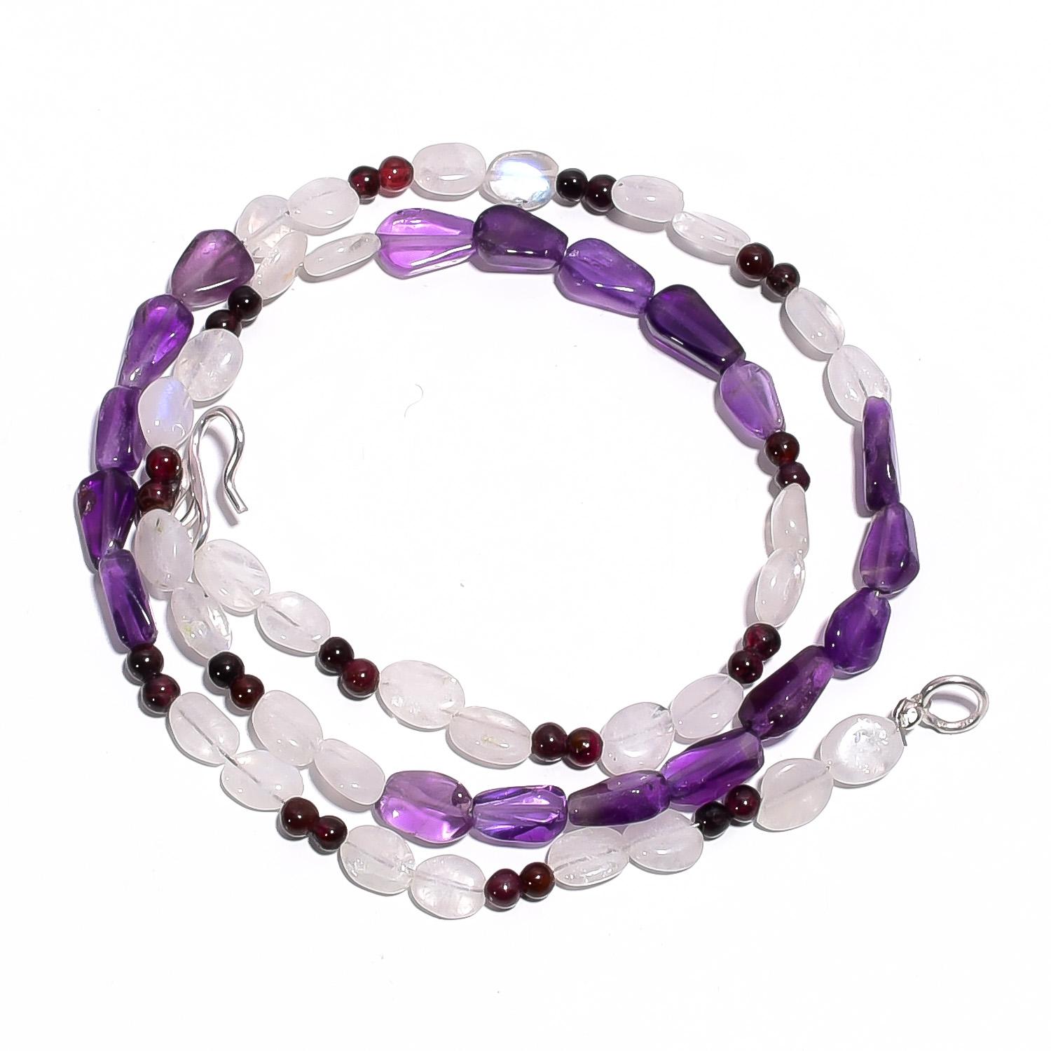 

Natural Amethyst Moonstone Garnet Gemstone Smooth Beads Necklace 17 UB-4602 UB-4602