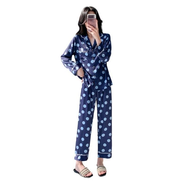 Spring and Autumn new lapel pajamas women's long-sleeved polka dot loungewear two-piece set loose large-size student home suit