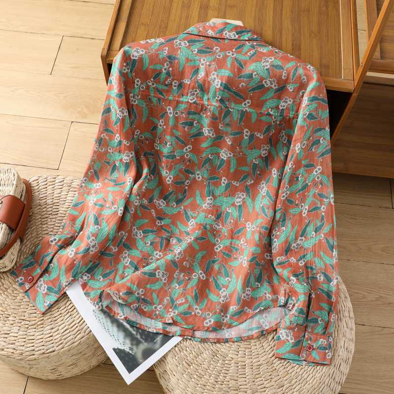 Camisa de Estilo Floral Minimalista Artístico con Mangas Largas de Algodón Lino, Top Suelto Versátil Elegante para Mujeres en Primavera Otoño Camisa