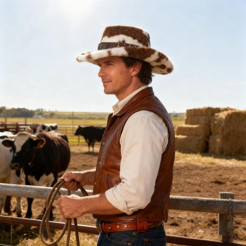 Cow Print Trim Western Hat For Adult Soft Multi Color Photo Props Party Daily Wear Multi Color