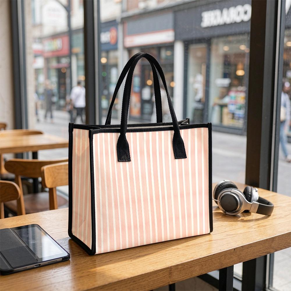 Pink White Striped Canvas Tote Bag Casual Daily Large Capacity Shoulder Handbag for Shopping Travel Work