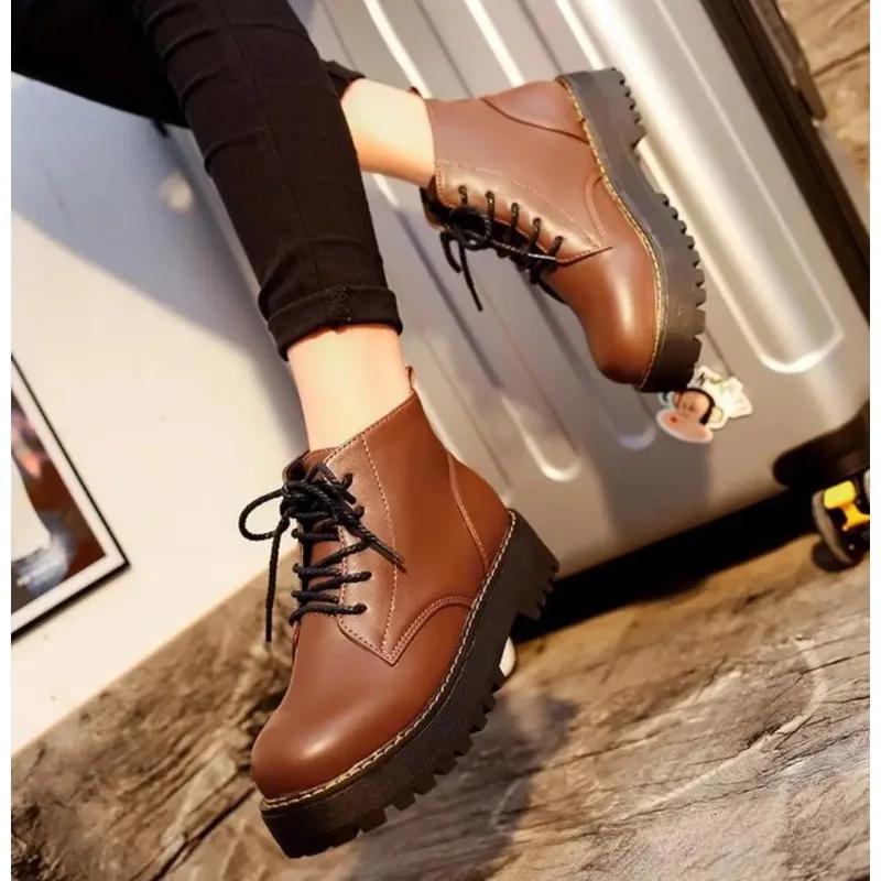 Autumn Winter Women Ankle Boots Platform Lace Up Casual Shoes Woman Retro Oxfords Female Waterproof Goth Thick Boots Footwe