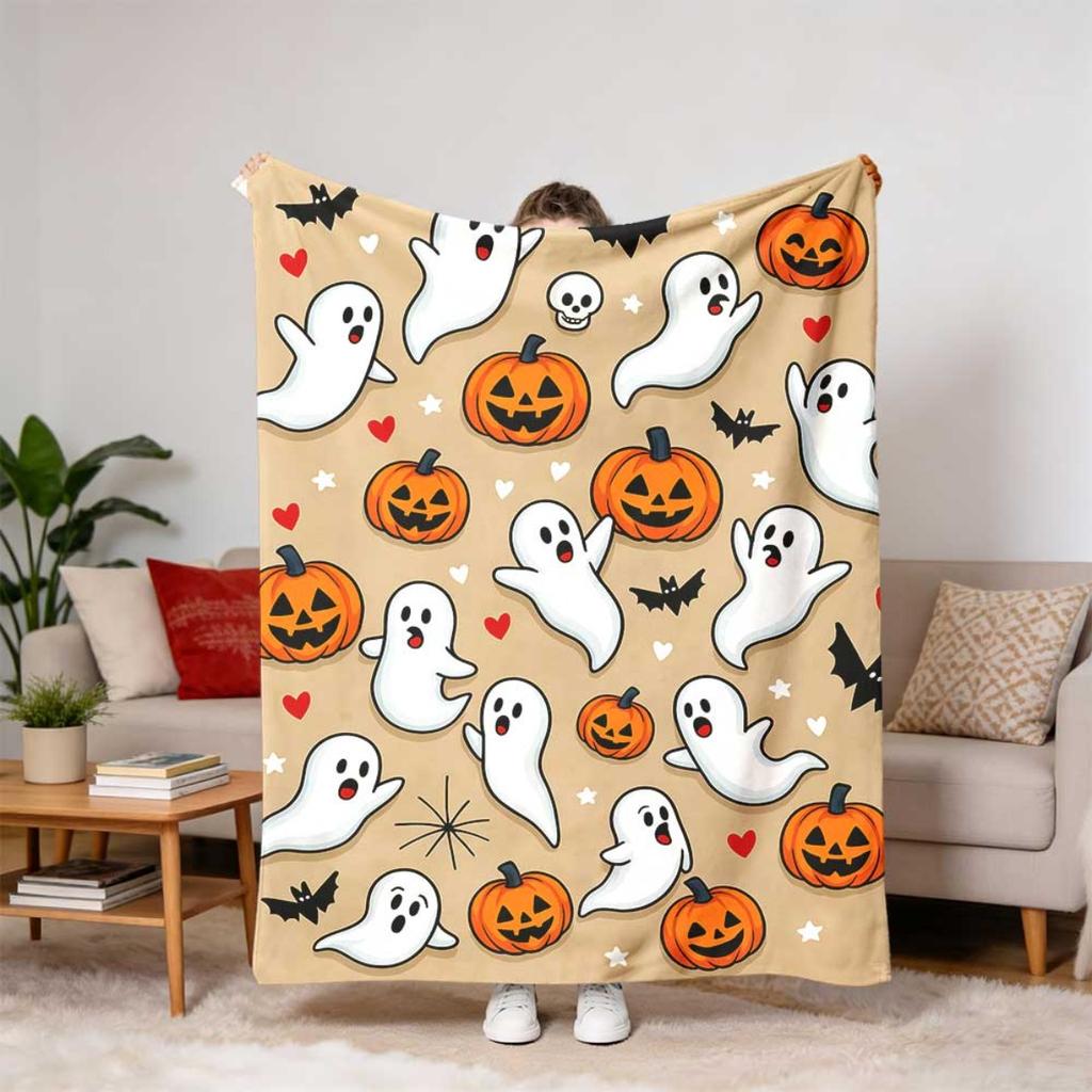 The Plush Blanket Is Super Soft And Comfortable, Featuring Cute Ghost, Pumpkin Lantern, Bat, And Horror Patterns. It'S Warm for All Seasons And Suitab