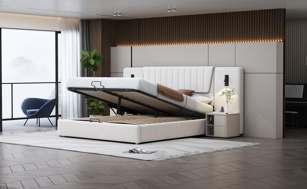 Gestoffeerd Bed 180*200cm, Extra Lang Hoofdsteun, Leeslampje, USB Laadpoort, Hydraulisch Opbergbed, Tweepersoonsbed, Fluweel Stof, Beige