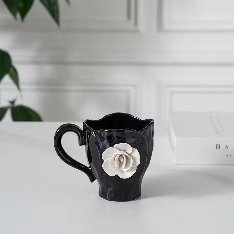 Creative French Style Camellia Coffee Cup With Saucer Handcrafted Irregular Flower Black Ceramic Mug Korean 3d White Rose Cup