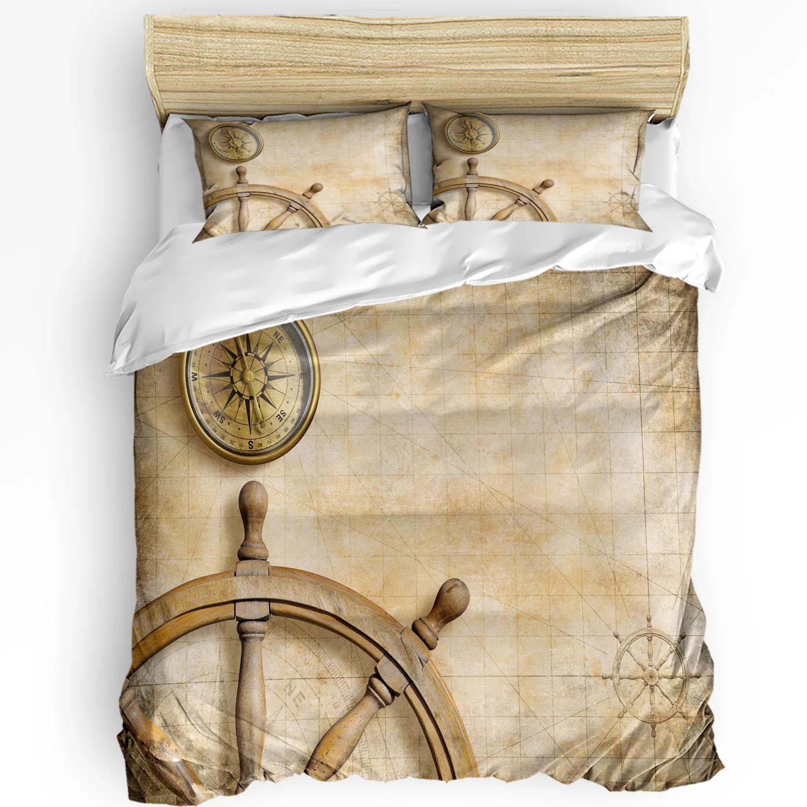 

Steering Wheel Compass Vintage Bedding Set 3Pcs Duvet Cover Pillowcase Kids Adult Quilt Cover Double Bed Set Home Textile EU Twin(135x200cm)