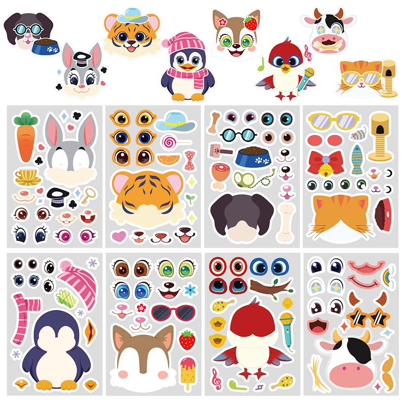 8 Sheets Educational Cartoon Animal Face Swap Collage Stickers for Kids - Penguin, Tiger, Rabbit