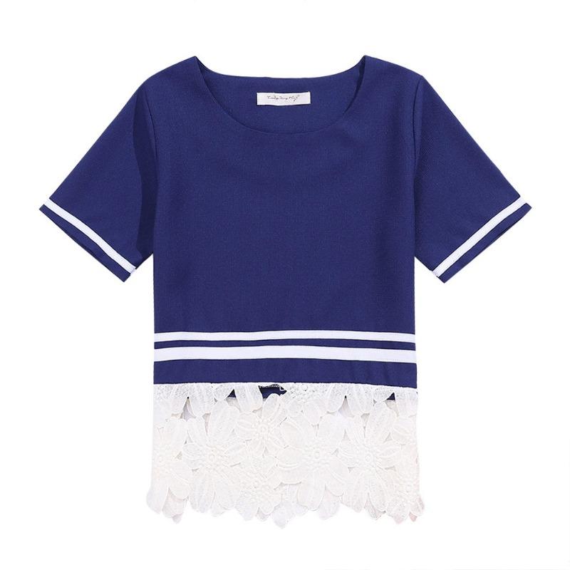 

Женский летний новый модный топ с круглым вырезом и короткими рукавами в стиле пэчворк XL темно-синий