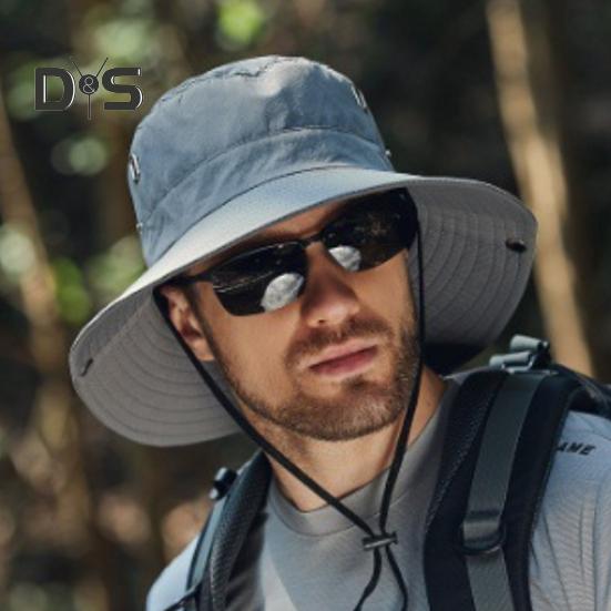 Men Summer Sun Hat Windproof Strap Wide Brim Anti-UV Sun Protection Foldable Portable Gardening Fishing Travel Cap Outdoor Fisherman Hat