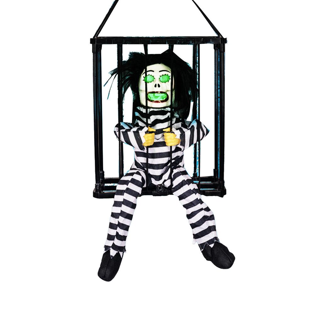 Scary Skull Cage Prisoner Haunted House Decor Spooky Hanging Ghost Screaming All Hallow Day Prop wit