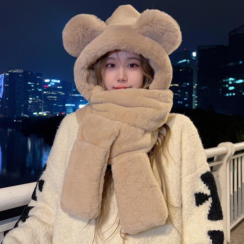 Winter Warm Flauschiges Fleece 3-in-1 Bärenohren Kapuzenmütze Schal Handschuhe Set Winddichtes Outdoor-Zubehör für Kaltes Wetter
