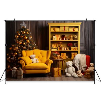 Mocsicka Indoor Christmas Home Photography Backdrop Child Birthday Photo Background Xmas Tree Bear Gifts Sofa Party Decor Banner