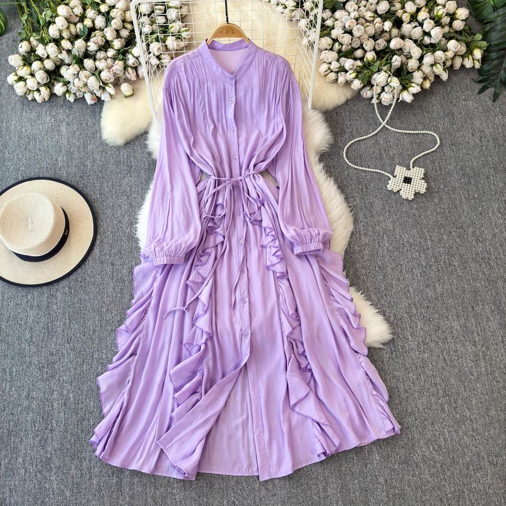 Jemný styl Temperament Bublinkové rukávy Stojáček Stahovaný pas Áčkový střih Volánový okraj Šifonové šaty Elegantní Velká kolová Dlouhé šaty