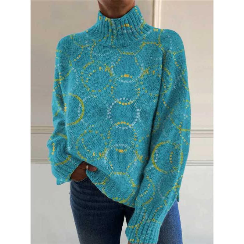Womens Christmas Print High Neck Sweater Loose Fit Casual Long Sleeve Top