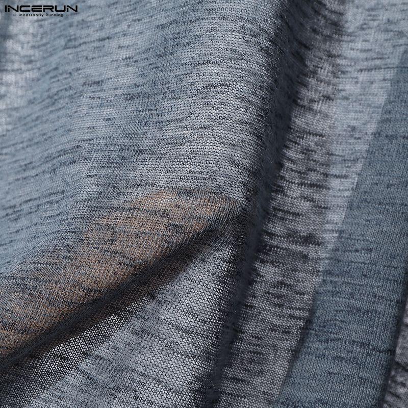 INCERUN Oversized Men Long Sleeve Transparent Loose Drawstring Hooded Tops T-shirts