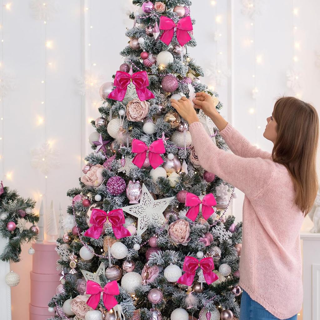 Winter Hot Pink Velvet Wired Edge Ribbon 2.5 Inch 20 Yards Double Sided Christmas Glitter Craft Ribbon for Xmas Tree Bow Wreath Gift Wrap Holiday