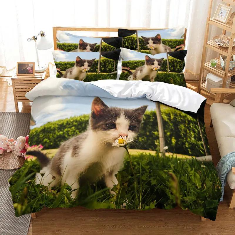Cute Pet Cat 3D Printing Digital Three-Piece Quilt Cover Sheet Pillowcase Kit