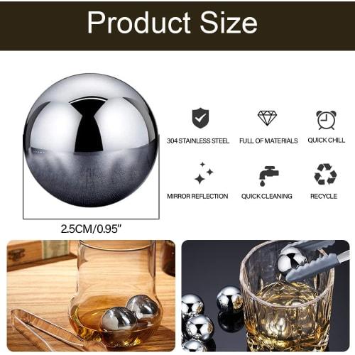 Set of 4 Round Whiskey Stones, 25mm Round, Reusable Stainless Steel Ice Cubes, Golf Balls, Whiskey Stones, Metal Ice Balls, Scotch Gift Set for Red Wi