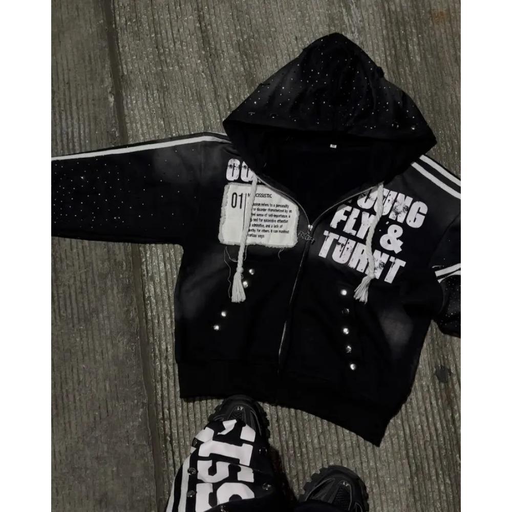 LUXEON Gothic Punk Hip Hop Gewaschener Hoodie Y2k Retro Streifenstickerei Reißverschluss Kapuzenpullover Rock Harajuku Herren Damen Streetwear