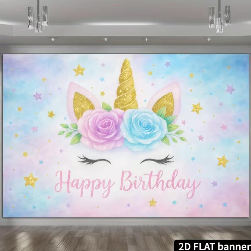 2D Pastel Blue Pink Unicorn Birthday Backdrop with Flowers and Stars Party Banner