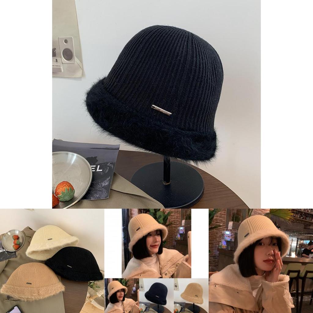 Stylish Warm Fluffy Bucket Hat For Women Winter Cotton Knit Large Brim Fashion