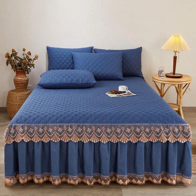 Cotton Bed Skirt Three Piece Set Thickened Anti Slip Bed Cover Lace Bed Sheet Mattress Protective Cover