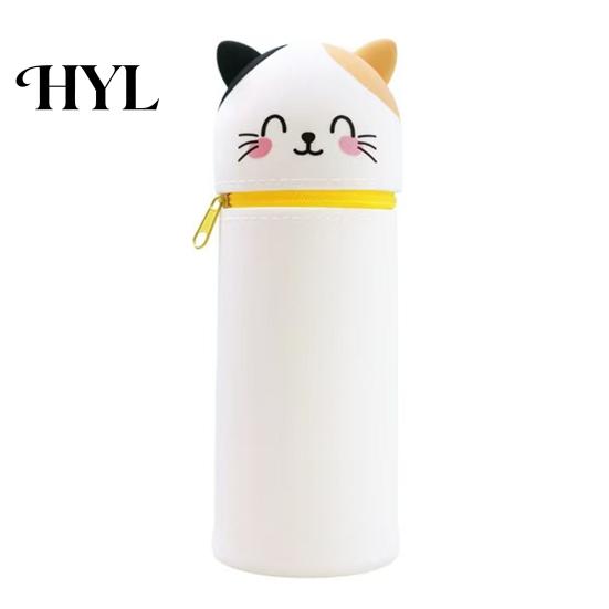 Rotating Pen Holder Pencil Case Desktop Stand Up Cartoon Animal Design School Pouch Silicone Storage Bag for Home Office Supplies Retractable