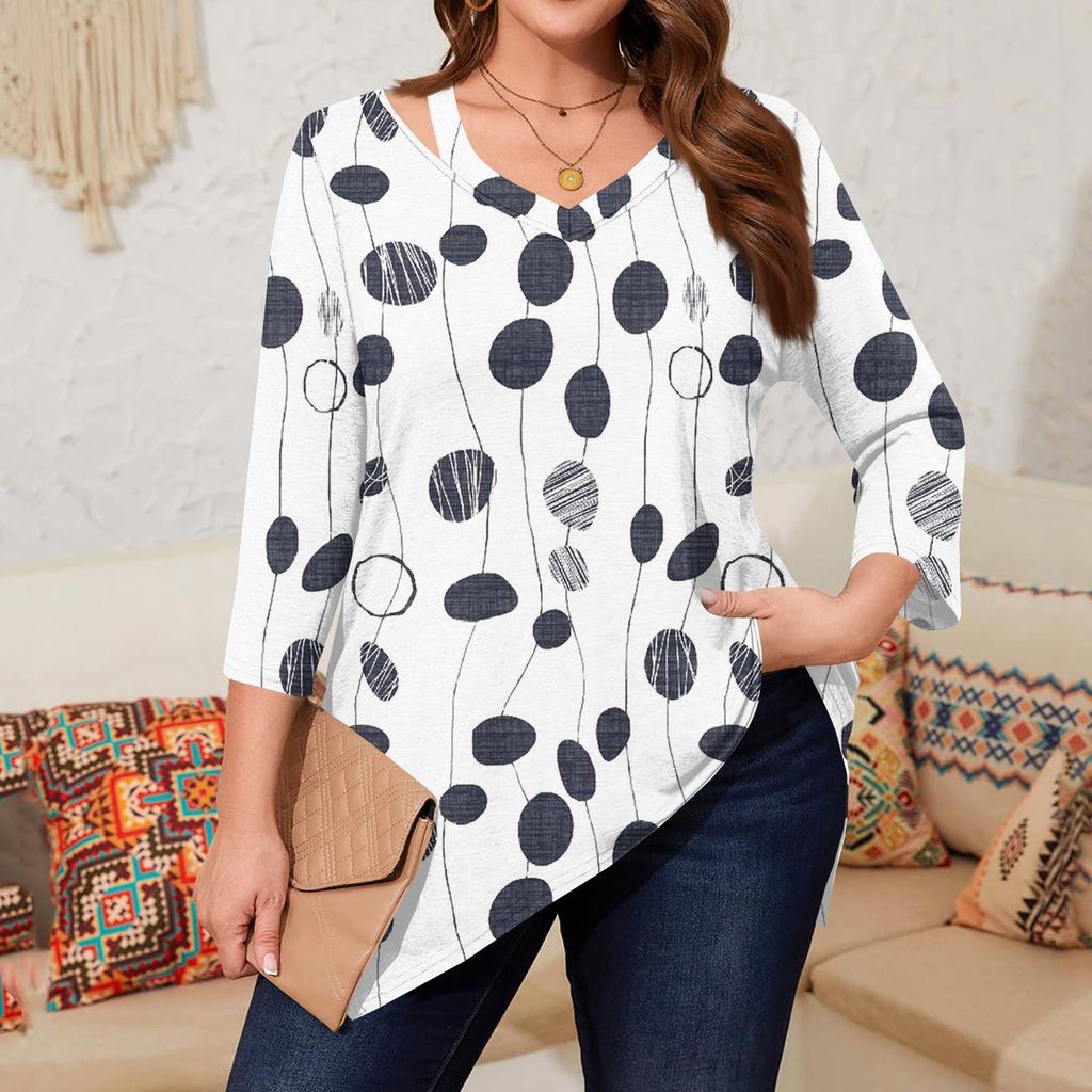 Women's Print Plus Size Tops Hollow V Neck 3/4 Sleeve Shirt Elegant Casual Tops