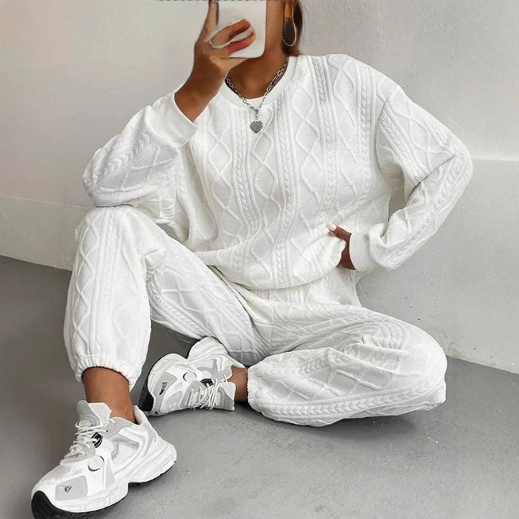 Women's Wear, Fried Dough Twists Stitching, Long Sleeves, Round Neck, Blouse, Leggings, Two-piece Set